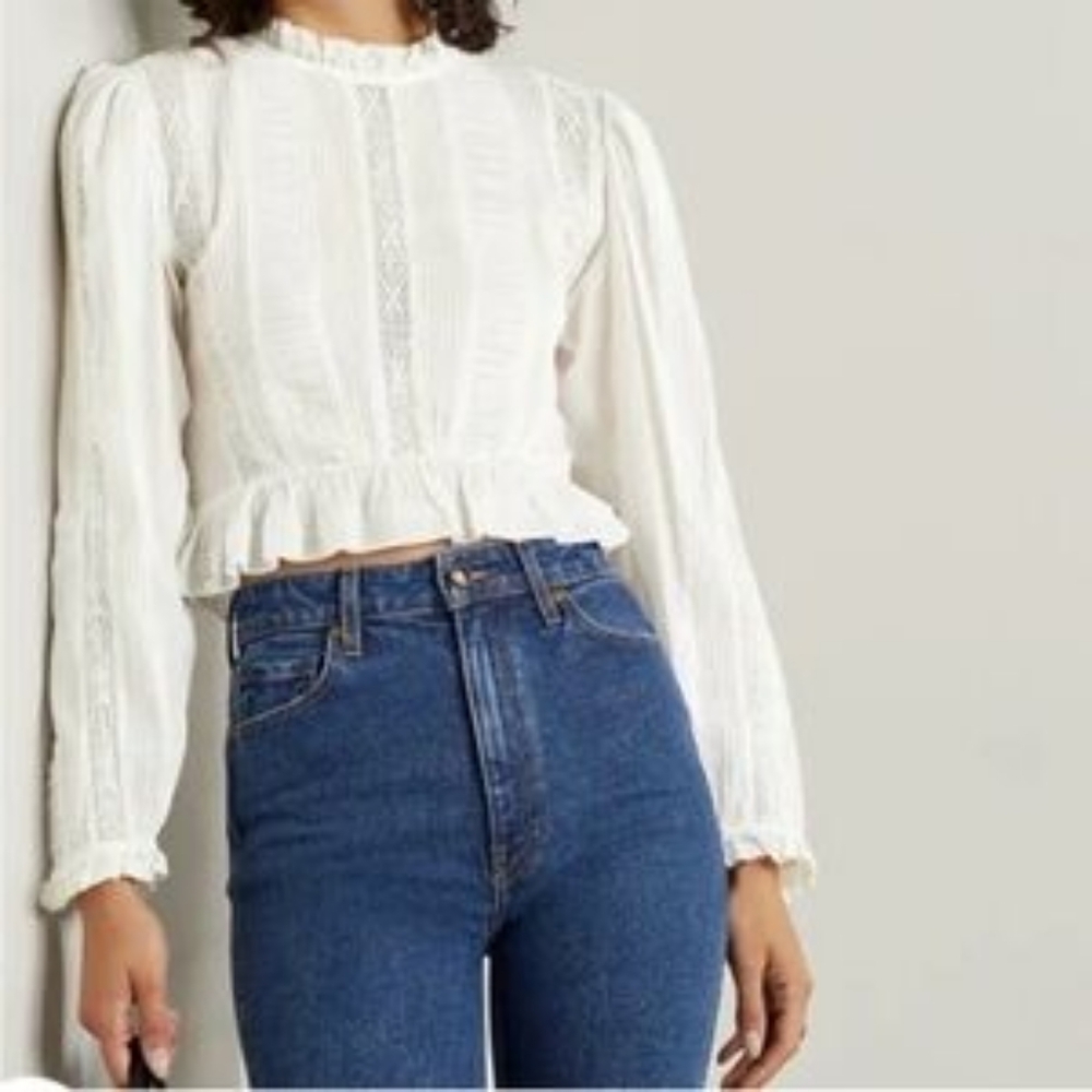 Doen Heloise Cotton Voile Ruffle Pintuck Blouse Salt Long Slv Lace Cottagecore L